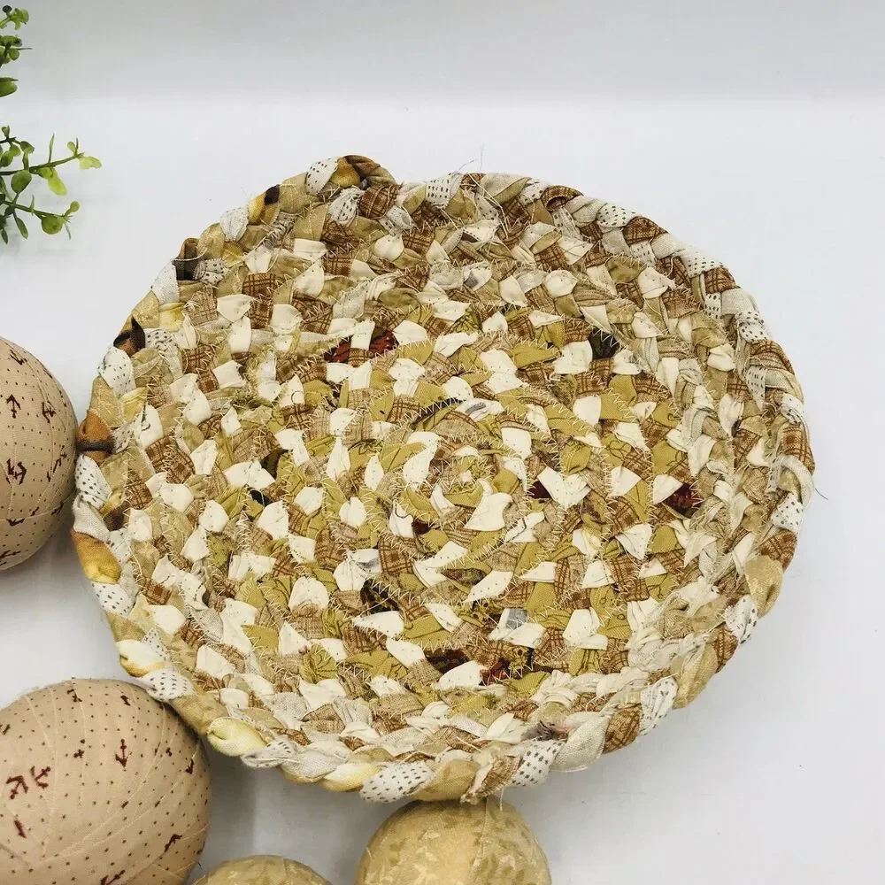 Neutral Tans Beige Cream Braided Basket with 7 Fabric Balls Handmade 9x9x2